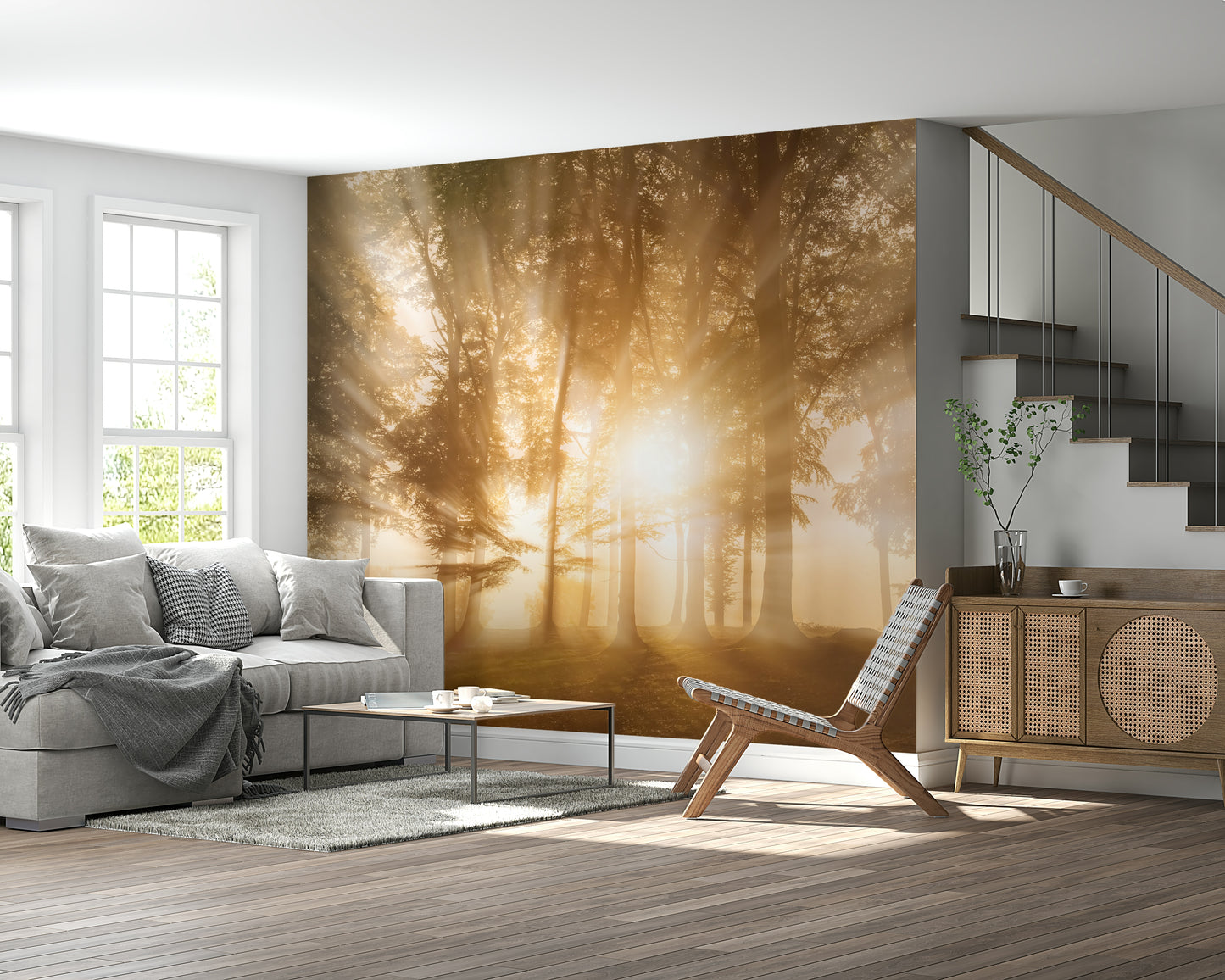 Luminous shafts woodland Golden Rays Through Trees peel stick wallpaper.