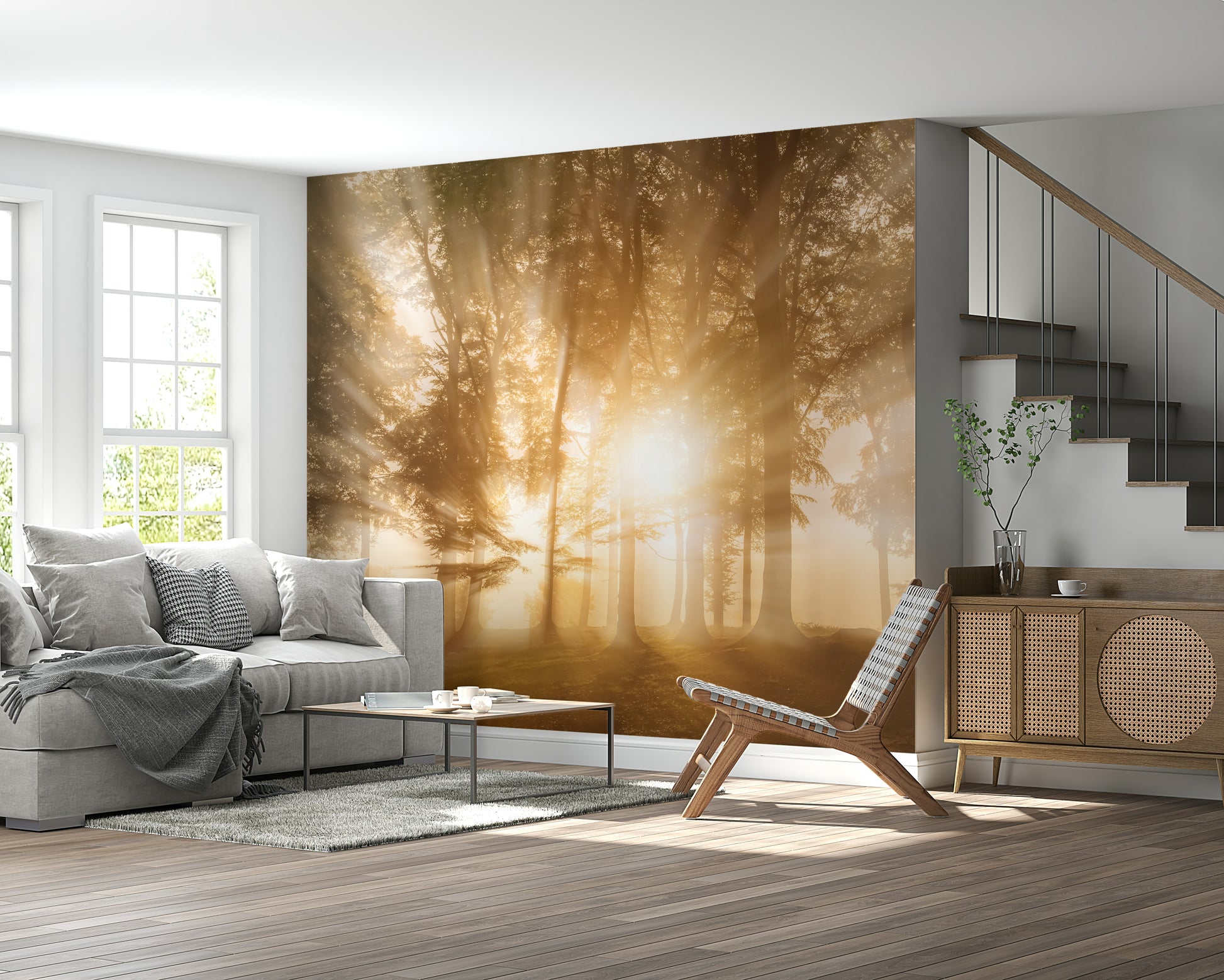 Luminous shafts woodland Golden Rays Through Trees peel stick wallpaper.