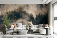 Yellow foliage Misty Woods Serenity print, serene mural wallpaper.