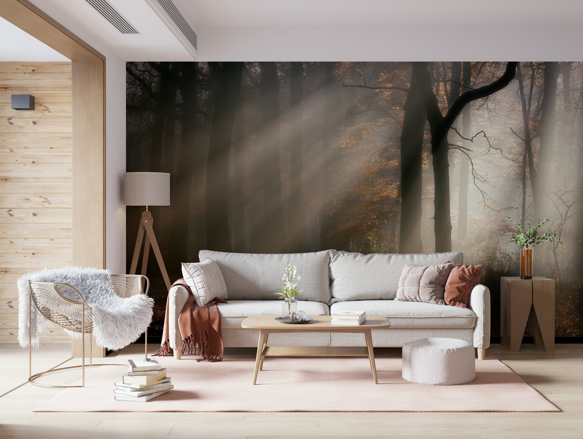 Strong light rays define Golden Haze for walls.