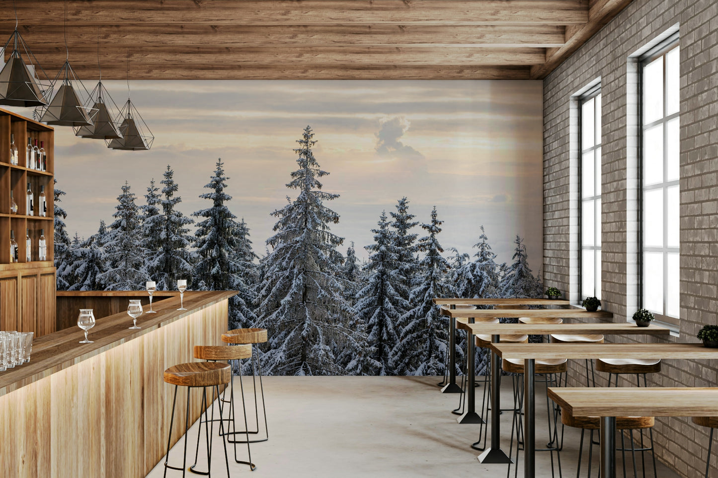 Treetops against clouds wall mural peaceful cold weather view.