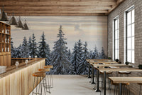 Treetops against clouds wall mural peaceful cold weather view.