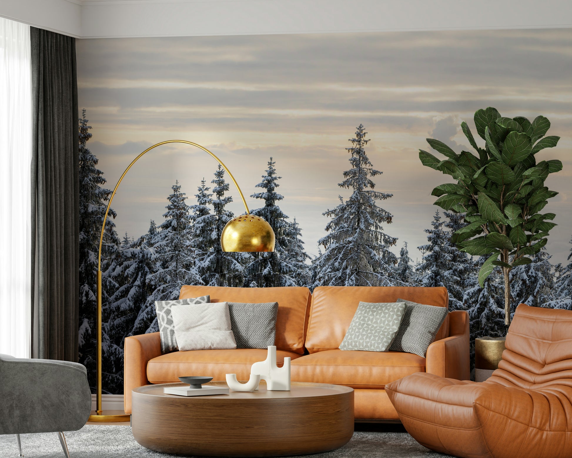 Winter forest landscape mural snow-dusted fir tree border.