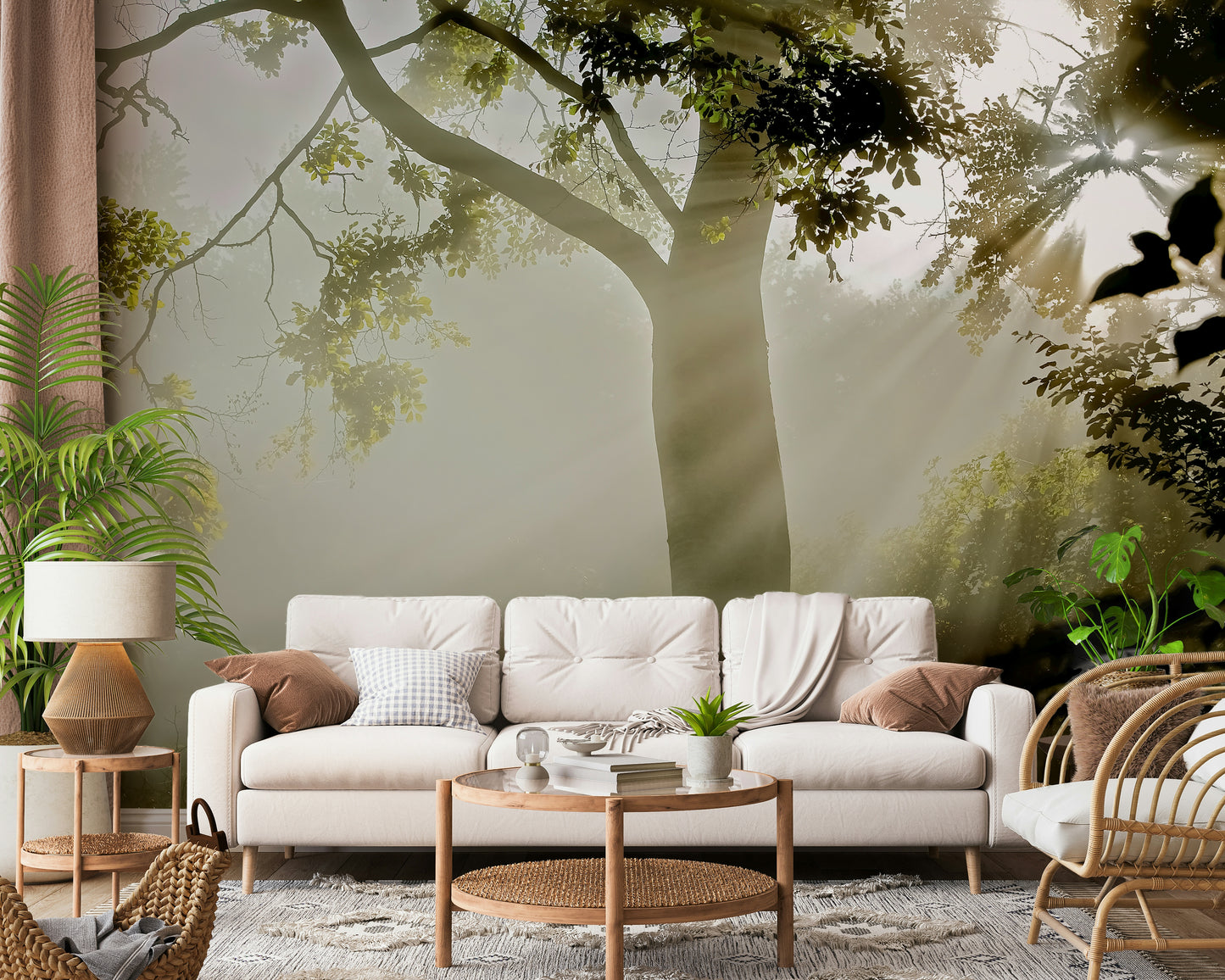 Peel and stick wallpaper Forest Serenity, ethereal morning mist, tranquil nature print.