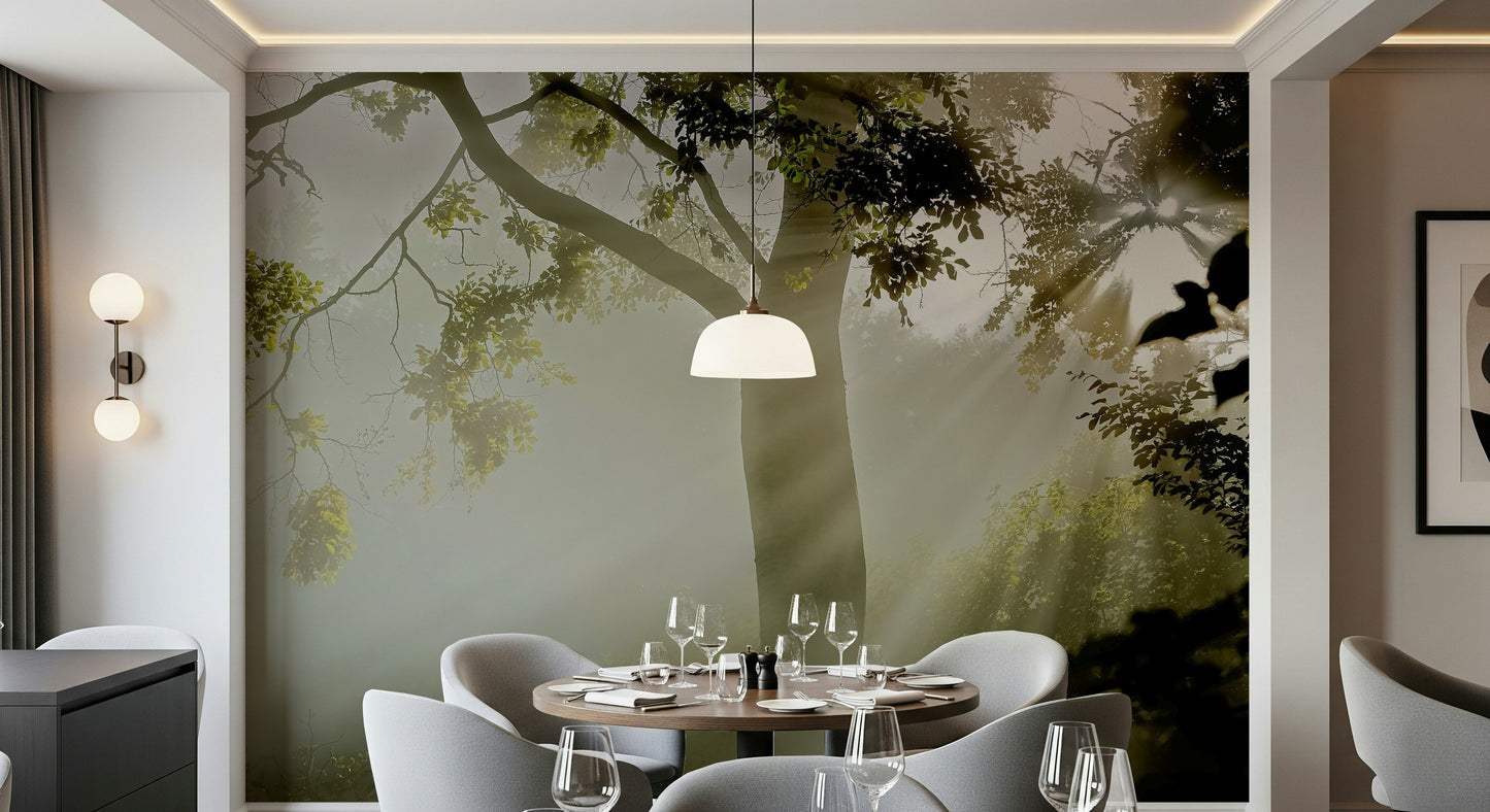 Forest Serenity wall mural Enchanting forest, green leaves, natural glimmering light.