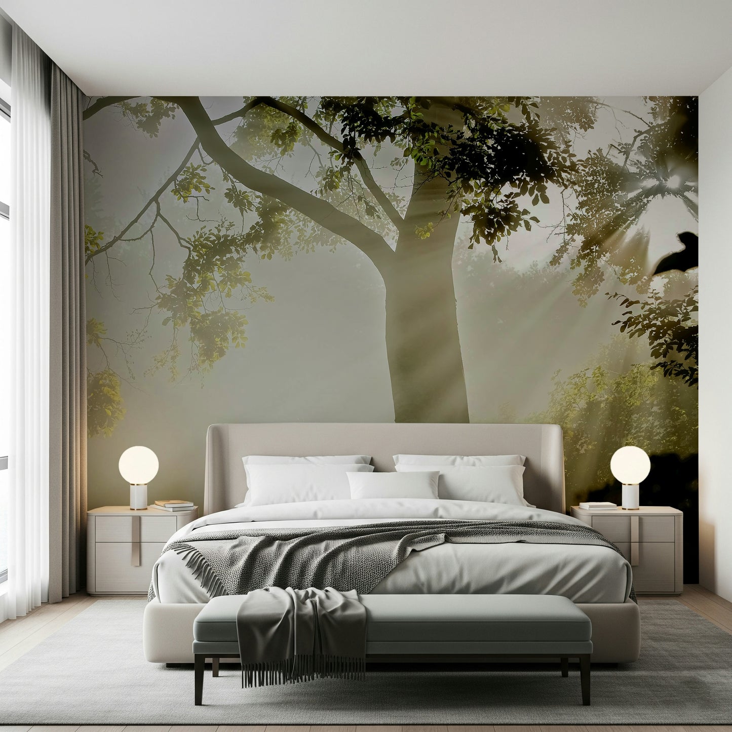 Forest Serenity wall decor Beautiful forest lighting, misty glow, dramatic nature view.