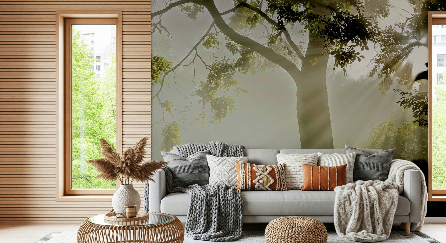 Removable wallpaper Forest Serenity, captivating forest photo, misty ambiance art.