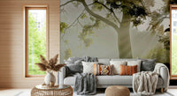 Removable wallpaper Forest Serenity, captivating forest photo, misty ambiance art.