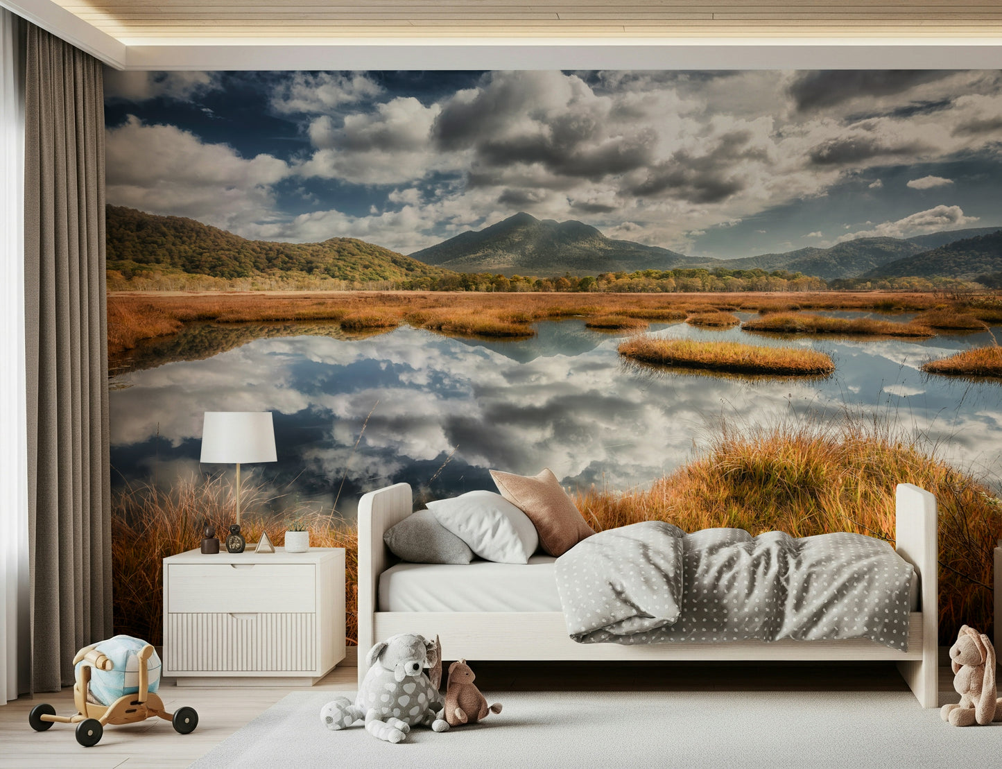 Peel and stick Reflected Vista, golden grass, peaceful landscape print.