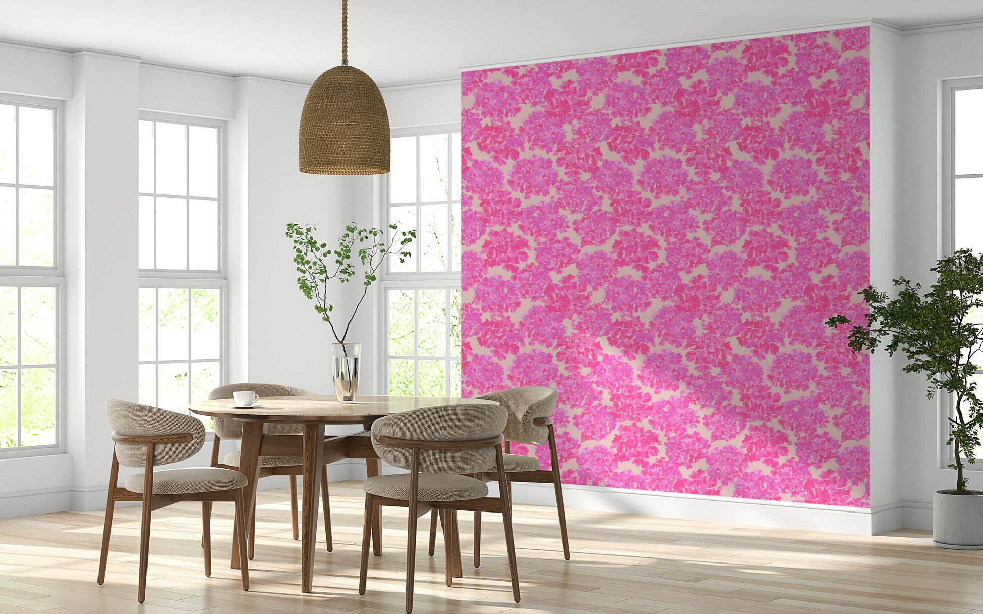 Pink vintage English Floral wallpaper mural sophisticated bright color.