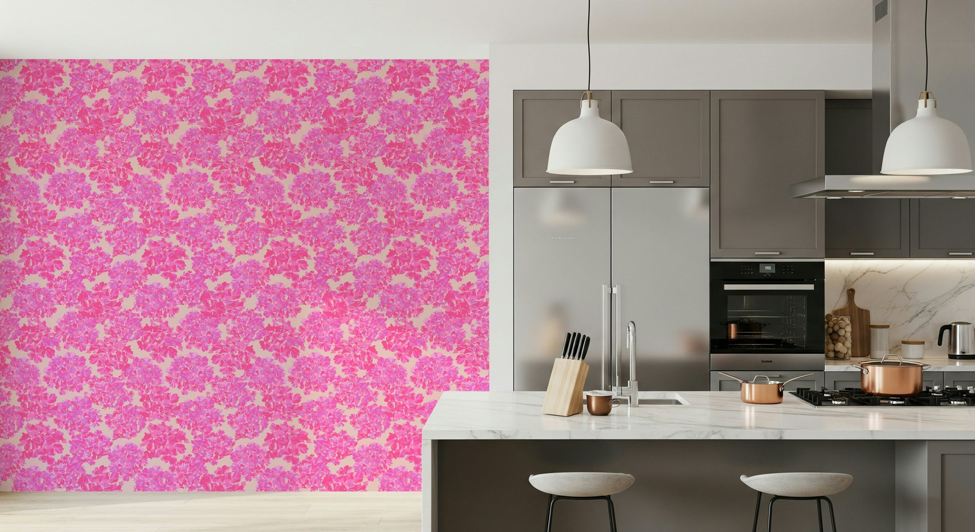 Big Bloom Hydrangeas wallpaper vibrant pink floral antique rose wall art.