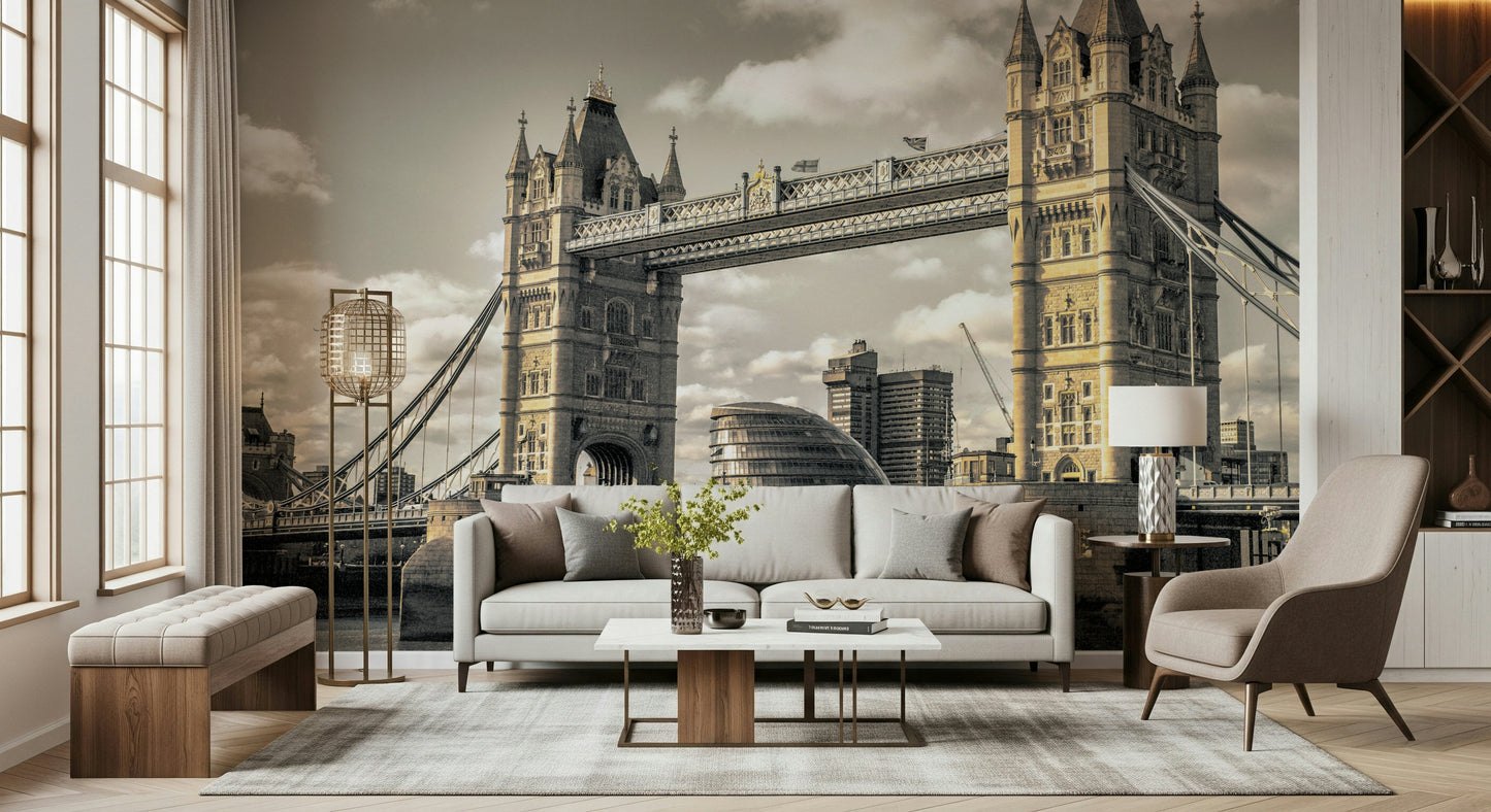Riverfront London Bridge wallpaper for walls monumental city structure print.
