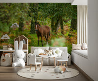 Brown pony forest wall mural, beautiful wildlife imagery, artistic finish.