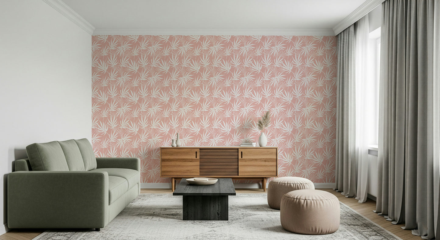 Artistic Tropical Blush mural pink tone white botanical design.