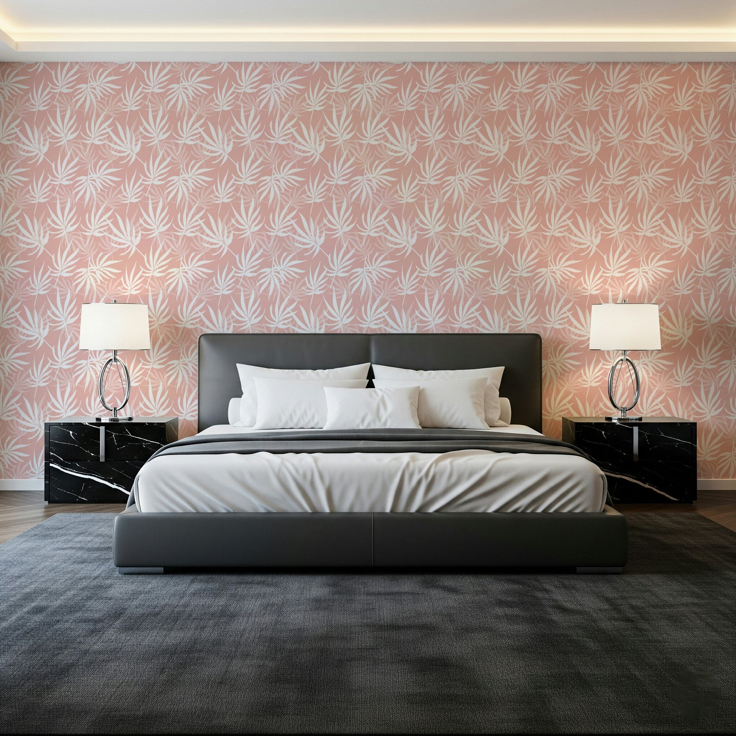 Nature inspired Tropical Blush pink wall covering palm illustration.