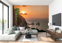 Elegant Sunrise Cliffs scenic wallpaper; rising sun beams on the precipice.