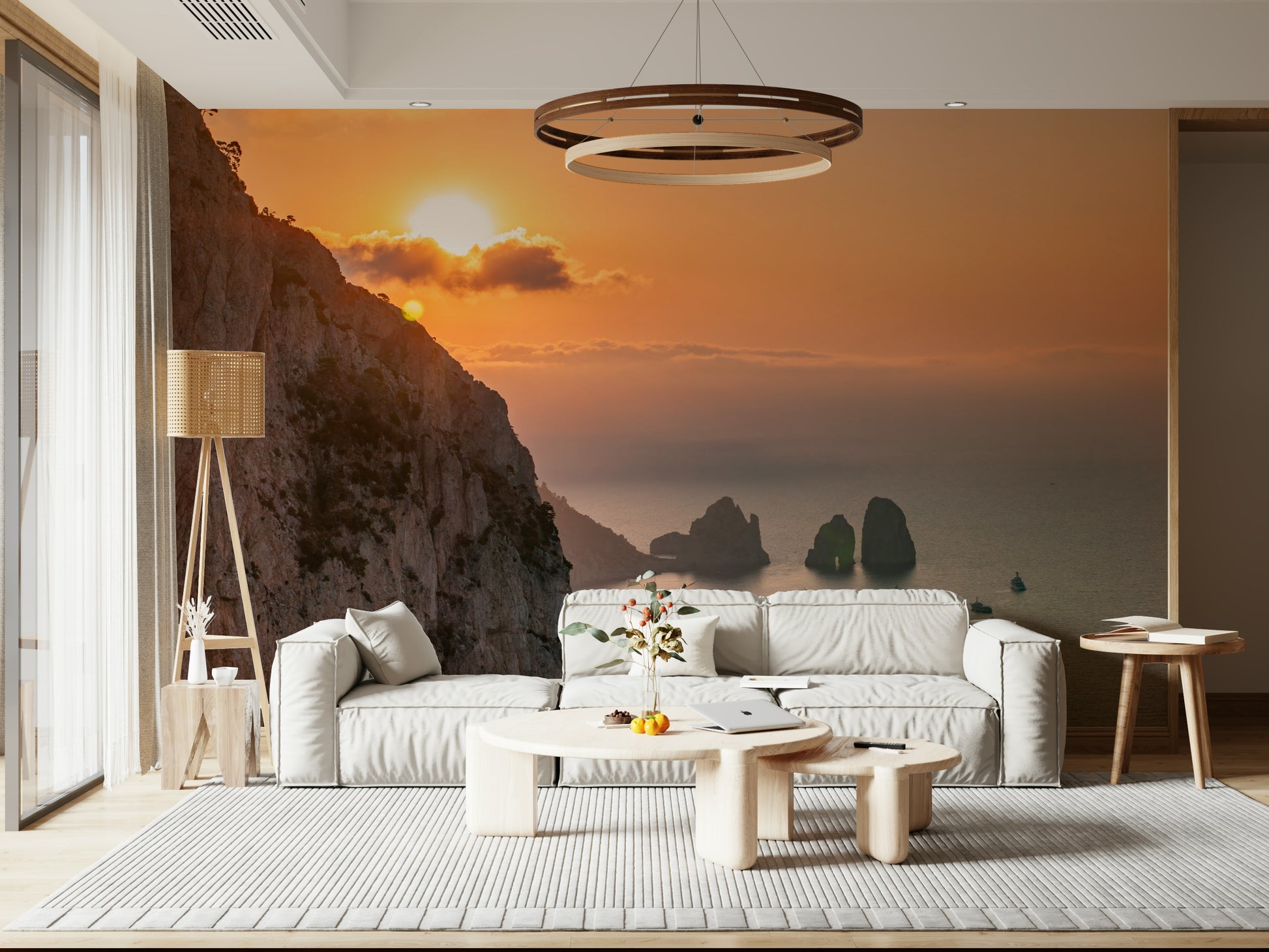 Stunning Sunrise Cliffs wallpaper for walls; majestic rock formations, calm sea.