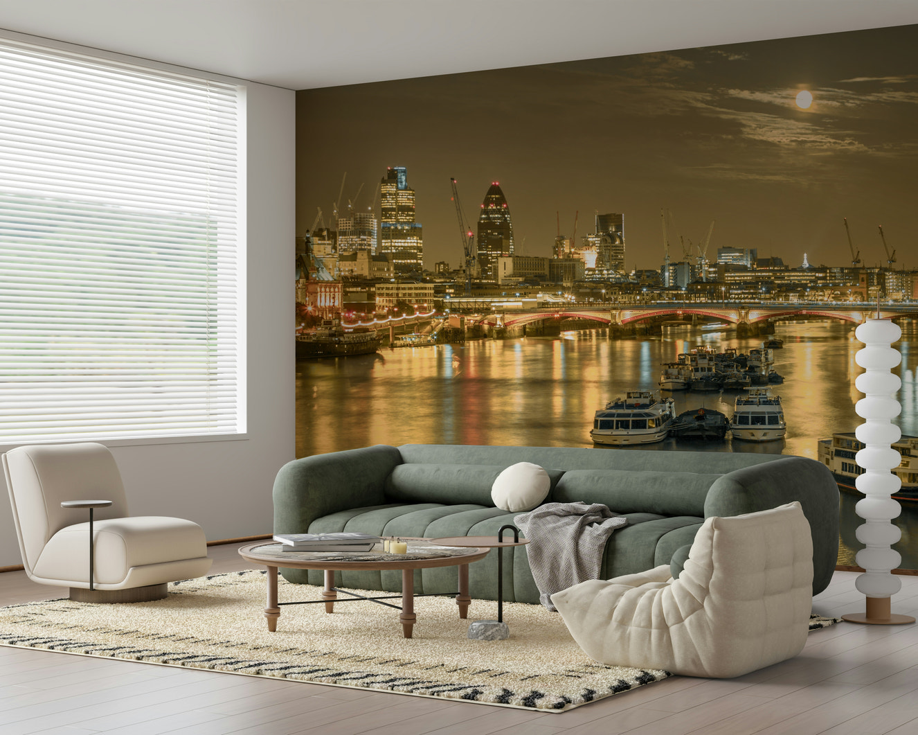 London Nights panorama wallpaper mural, golden river reflections.