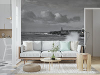 Atmospheric Coastal Sentinel mural, monochrome view with a splash of red.