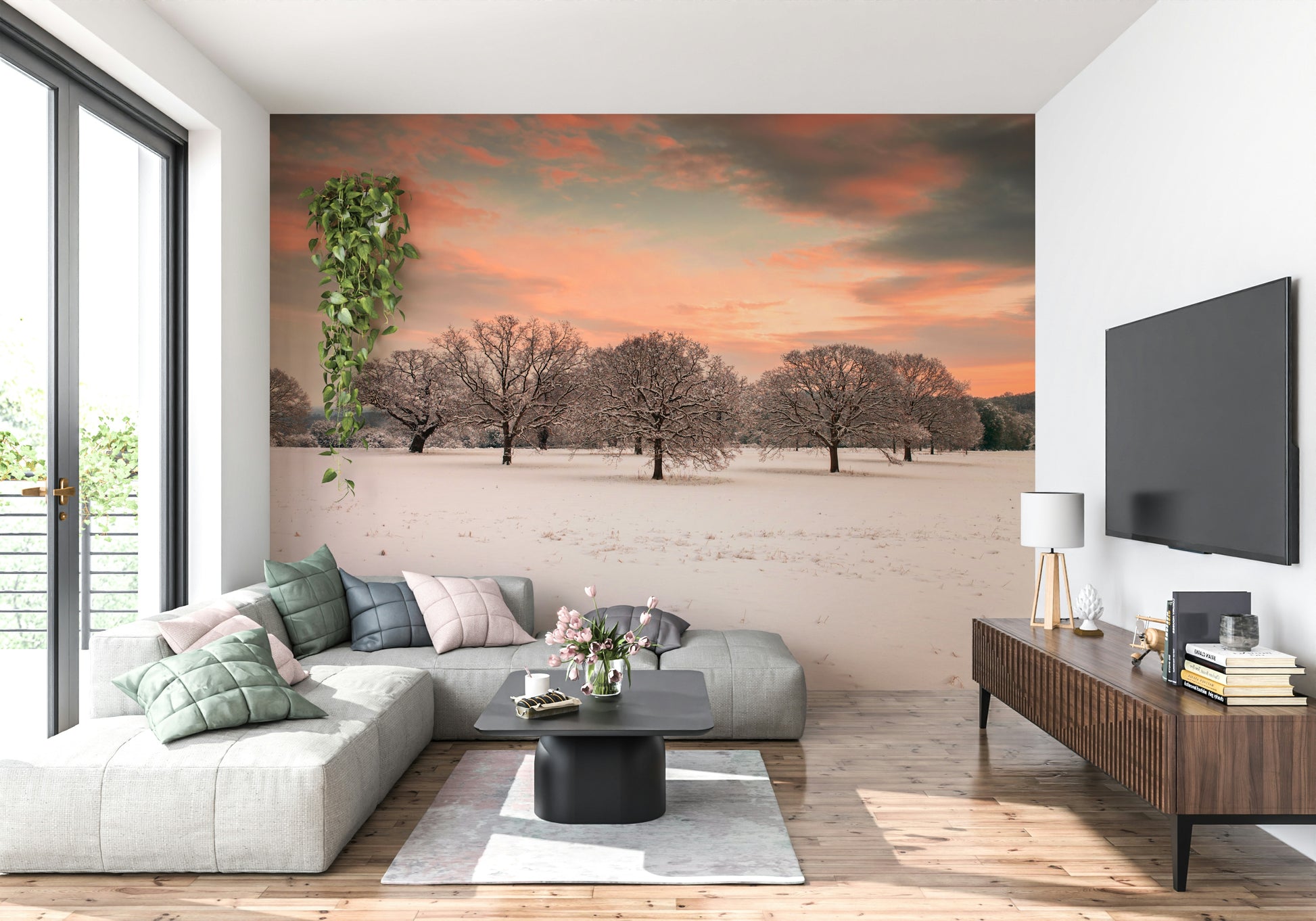 Decorative Snow Covered Field wallpaper for walls, pink and gray clouds.