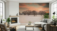 Stunning Snow Covered Field wall decal, chilly season field with bare trees.
