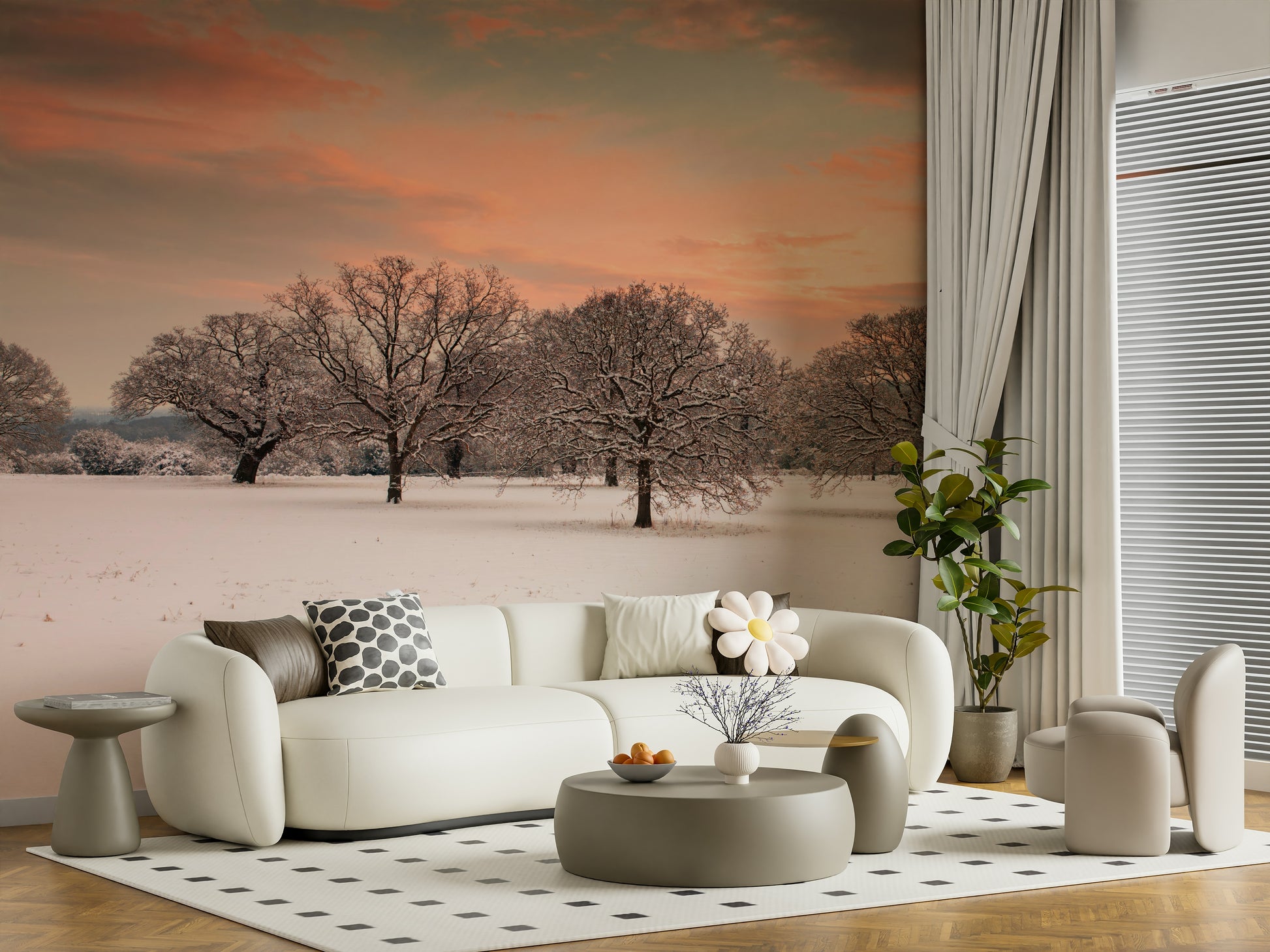 Calm Snow Covered Field wall paper, dormant forest vista, pink glow dawn.