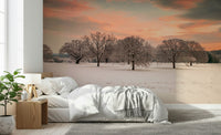 Magical Snow Covered Field mural, cold weather nature scene interior decor.
