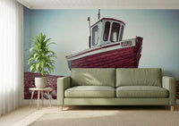 Oceanic Boat Resting on Pebbled Strand wallpaper, textured wood grain, shingle.