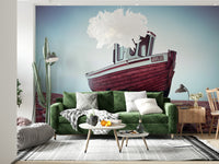Nautical Boat Resting on Pebbled Strand mural, sturdy wooden vessel, stones.