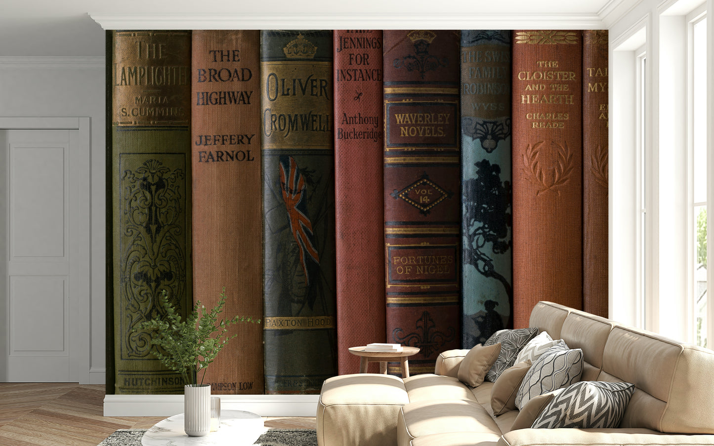 Layered book edges give depth to Classic Literature Shelf wall pattern.