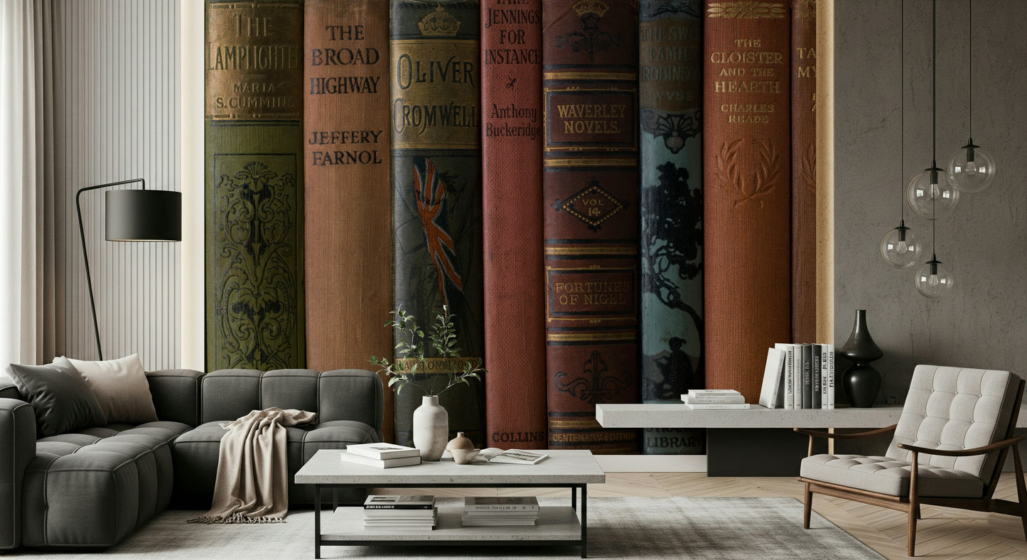 Monochrome sepia hues for Classic Literature Shelf unique wallpaper.