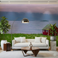 Photographic Lofoten Coastal Escape decal; vivid meadow, cool colors wall mural.