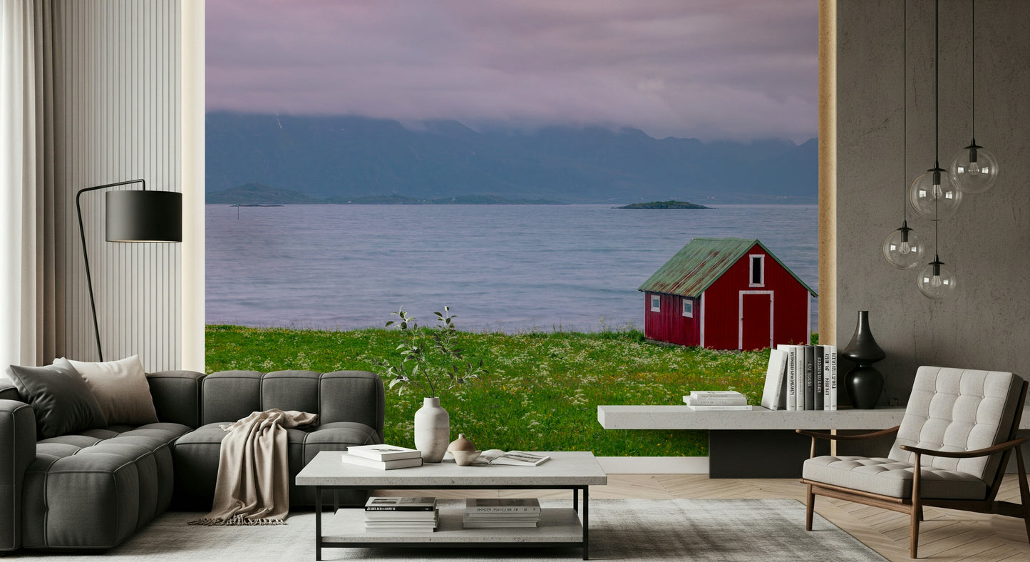 Lofoten Coastal Escape wallpaper; red cabin, sea, mountains, scenic.