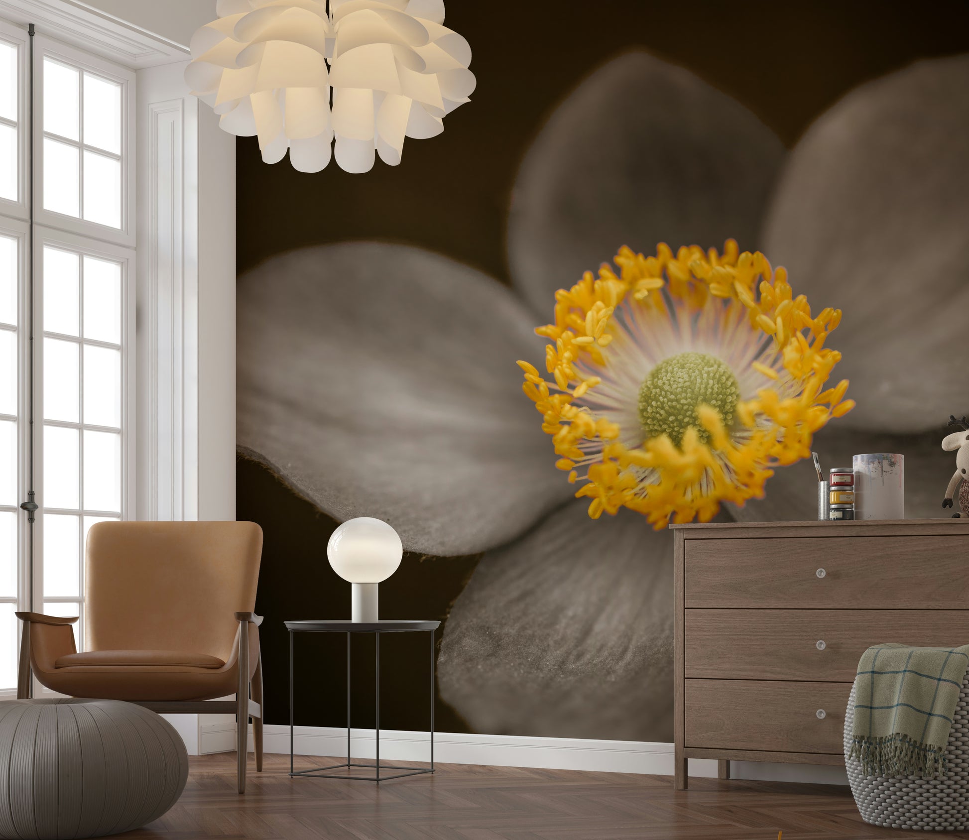 Dreamy sunlit flower, Sunlit Floral Essence, gray petals, magnificent wall mural design.