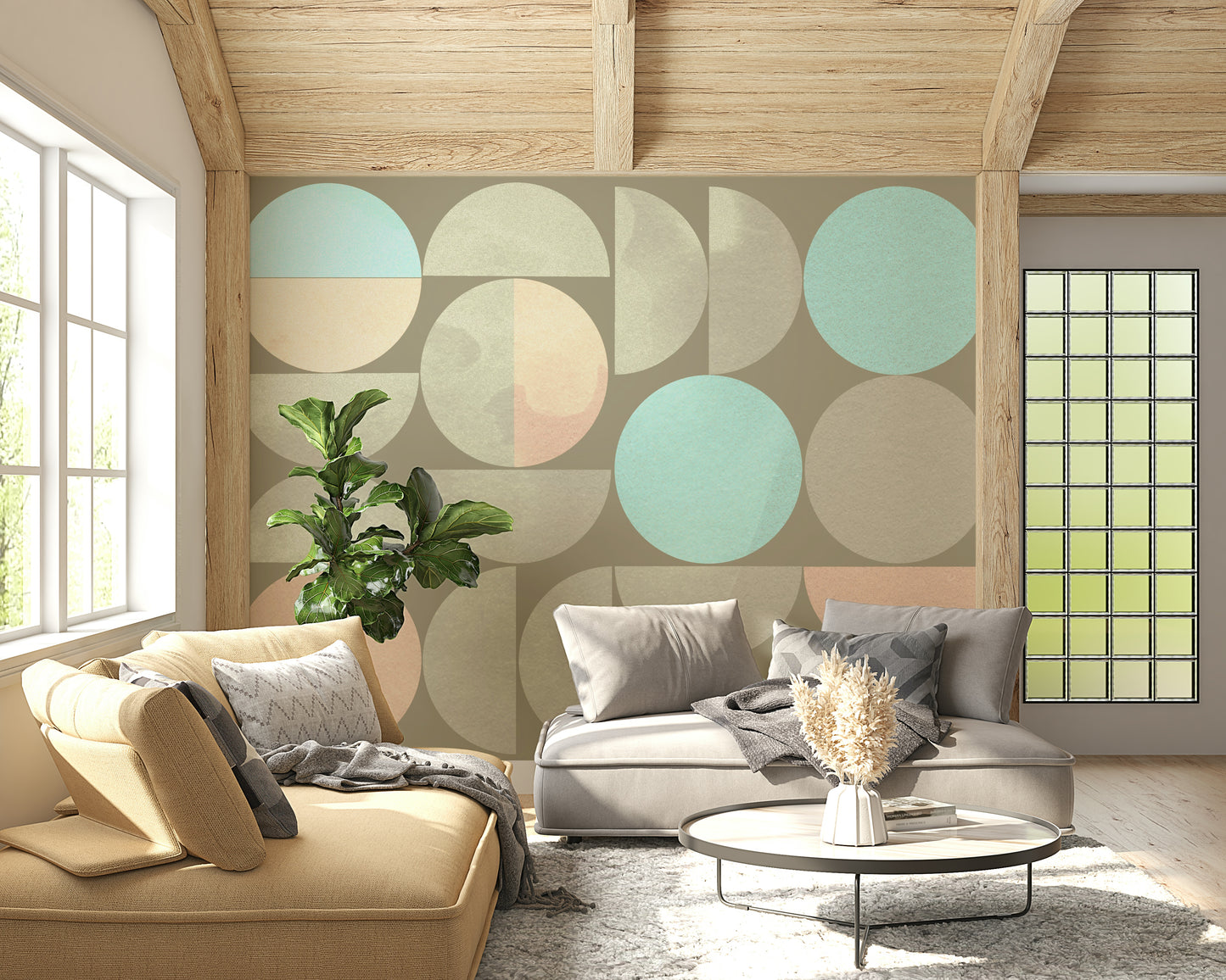 Soft Circle Symphony wall mural geometric pattern abstract colored shapes.