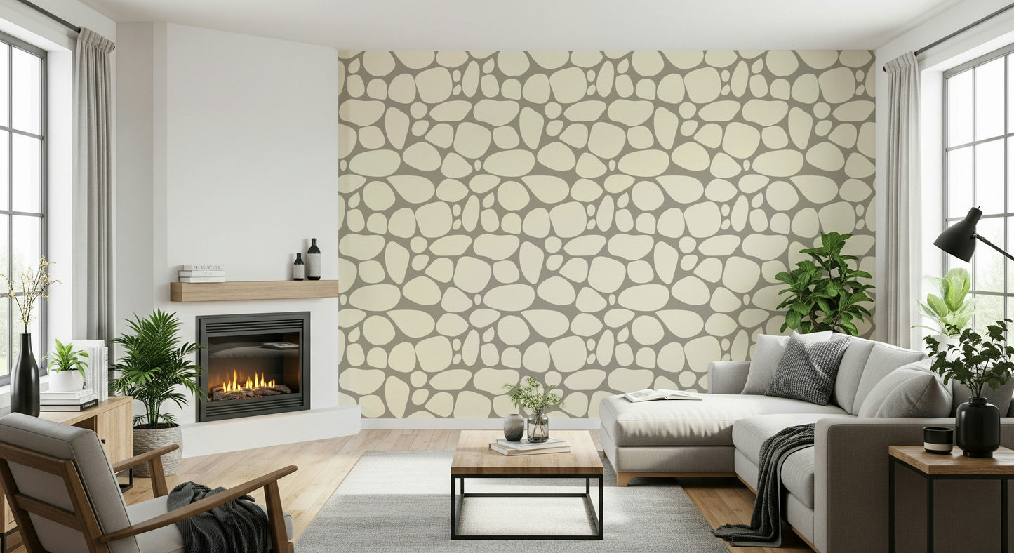 Serene Pebble Beach stone motif interior design wall mural surface.