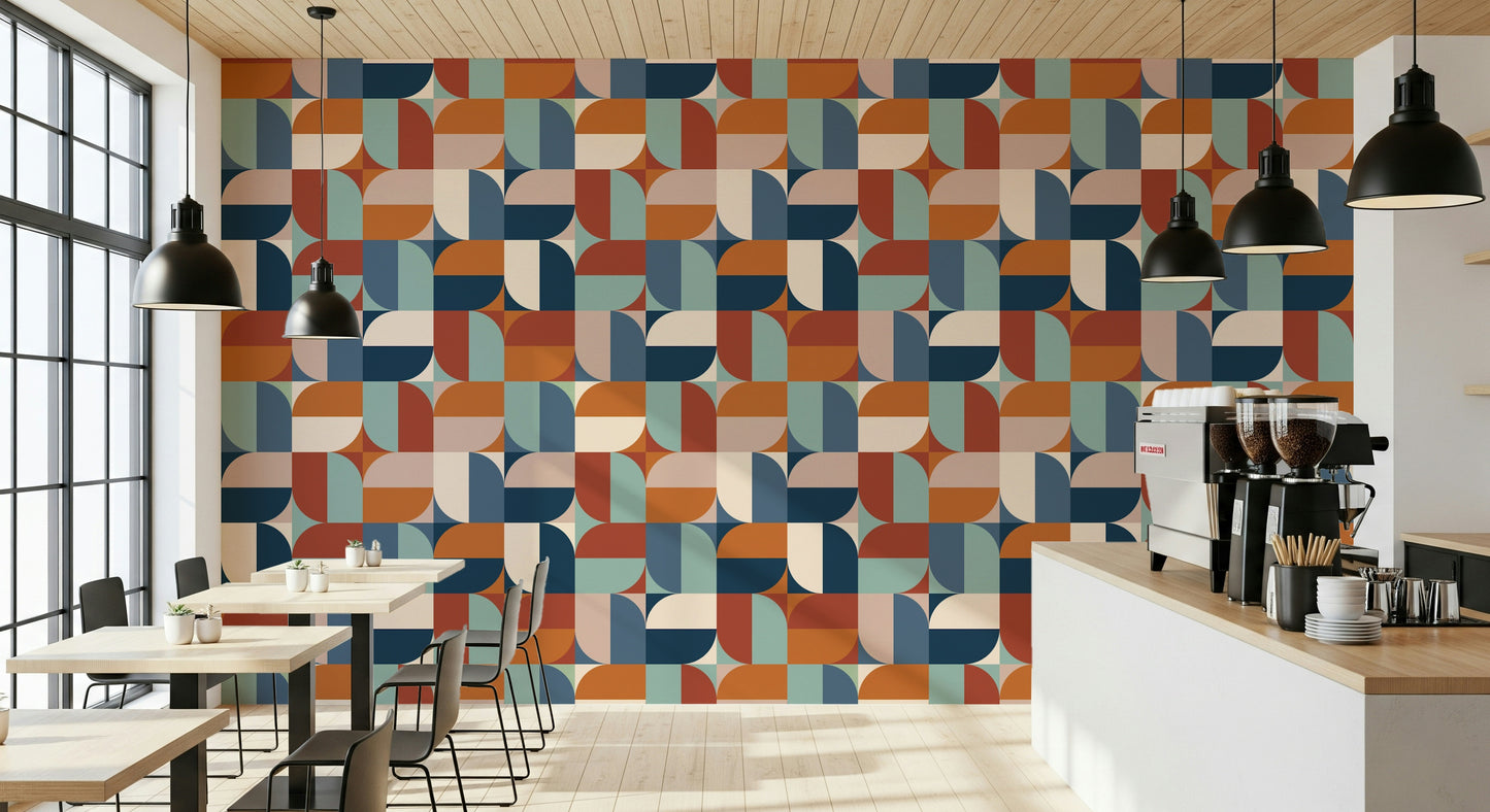 Modern Curves wallpaper mural, geometric pattern, warm colors, arch design.