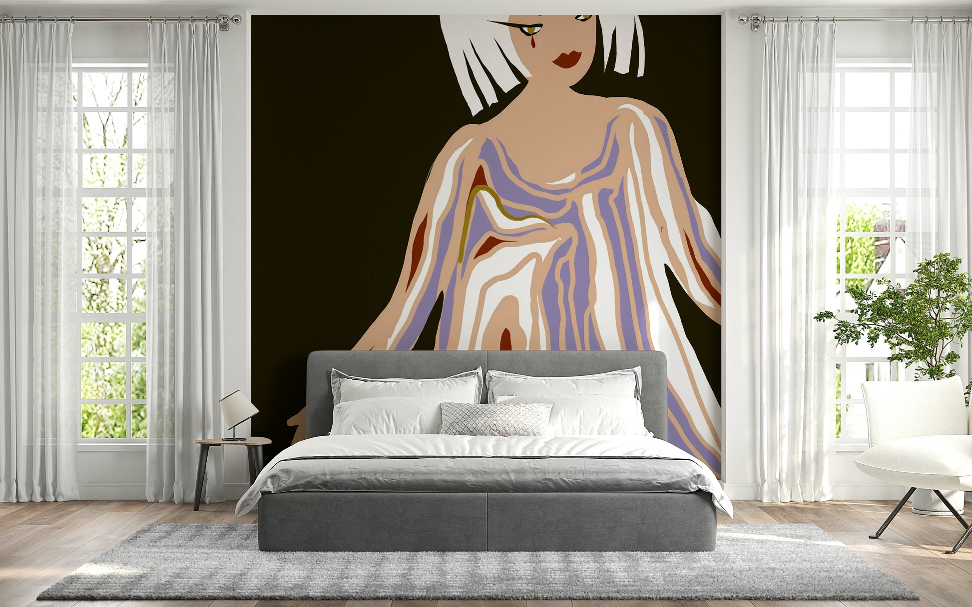 Dramatic Retro Geo Blush art print; striking wall paper adds sophisticated flair.