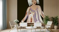 Modern illustration: white-haired figure in flowing gown; Retro Geo Blush wallpaper.