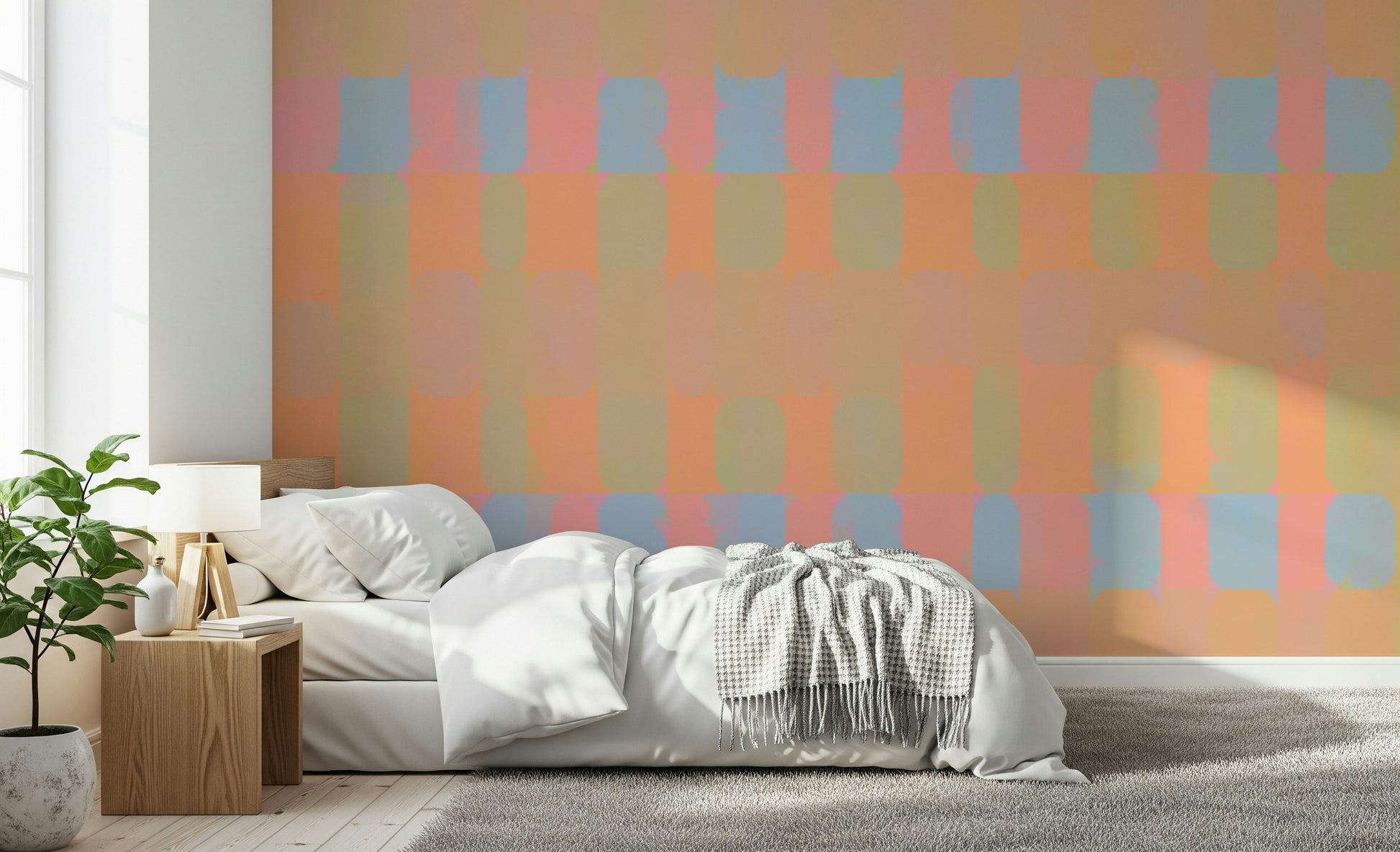 Playful overlapping geometric wall mural peach sky color