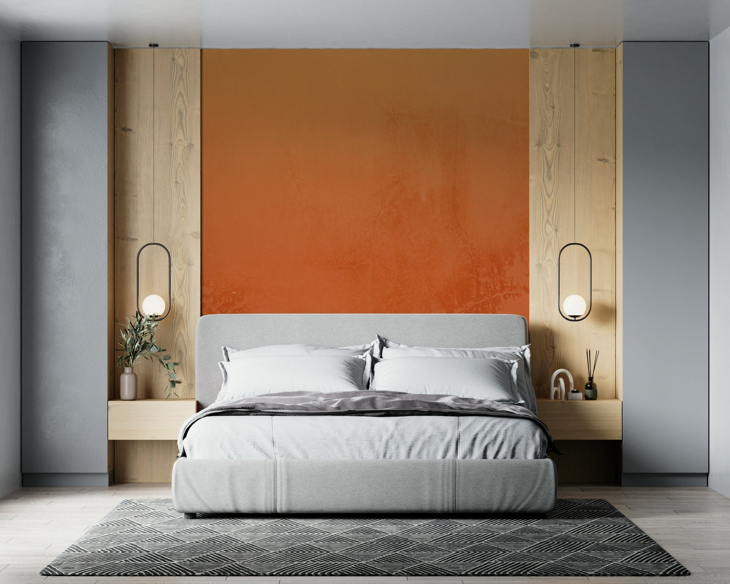 Vibrant tangerine orange wall mural featuring a rustic patina finish.