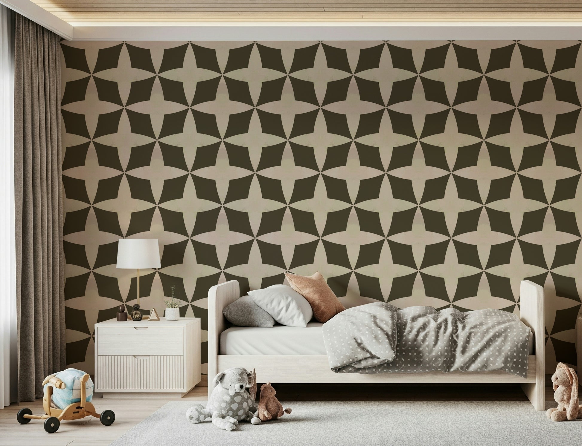 Bold repeating wallpaper motif in warm, muted earth shades.