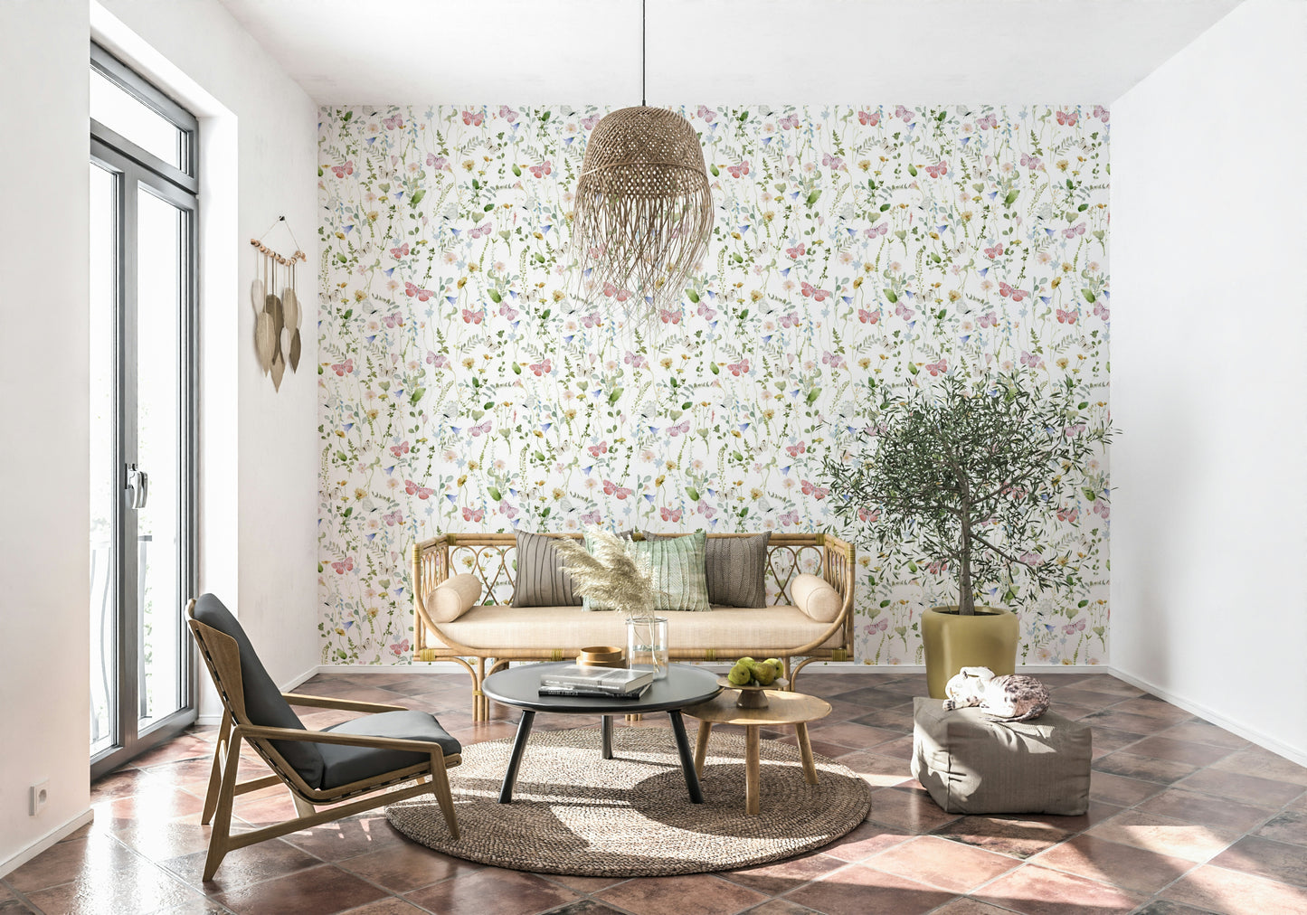 Meadow inspired wallpaper with light pink and pale yellow blossoms.