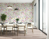 Cheerful Meadow Whispers mural, scattered meadow flowers, lively bug accents.