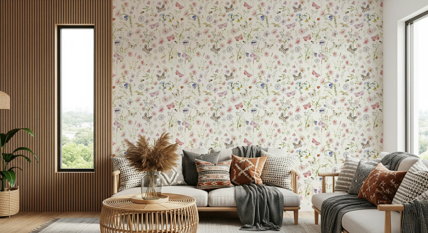 Whimsical watercolor wallpaper featuring blossoms, dragonflies, ladybugs, and bees.