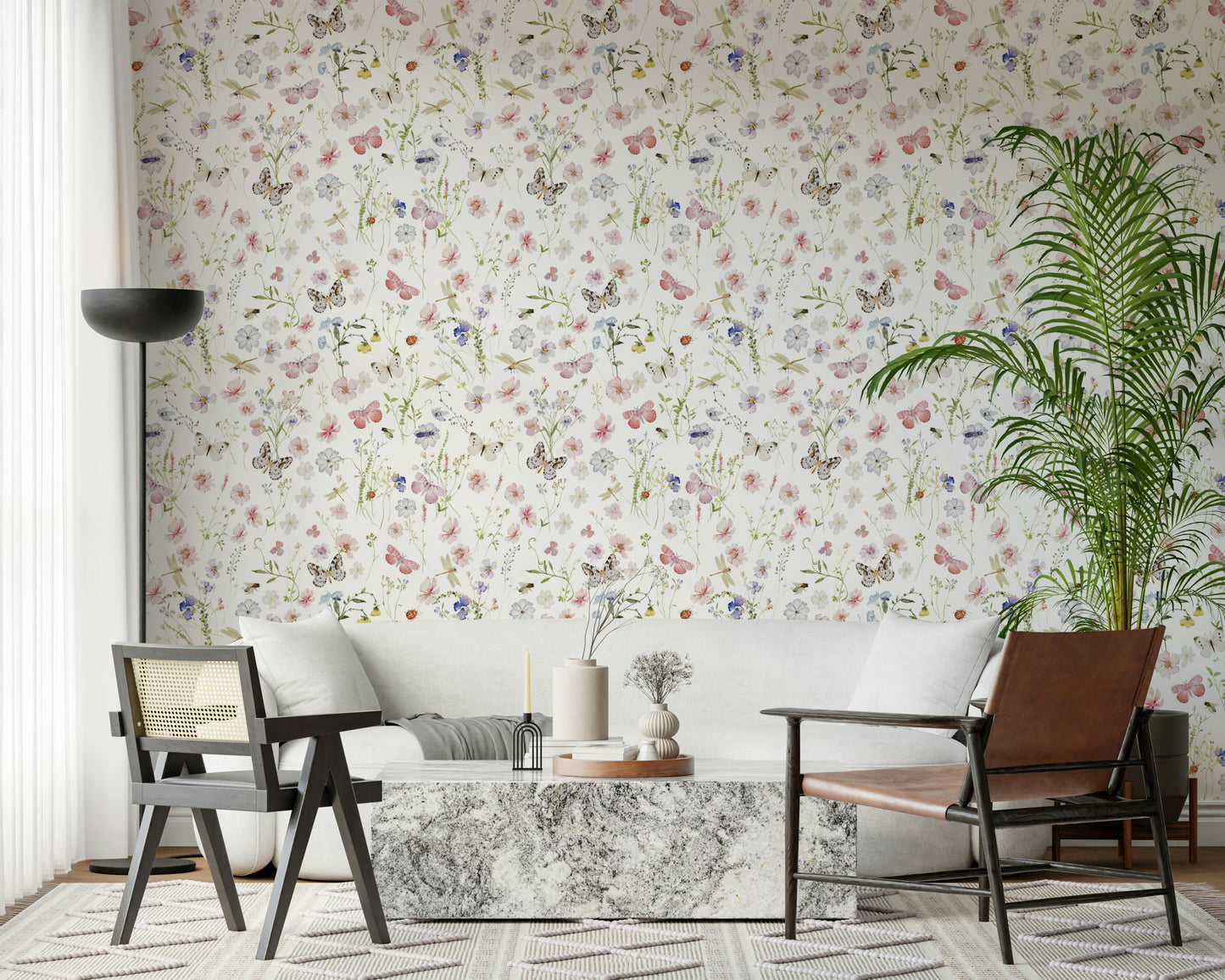 Delicate spring-themed wallpaper, a cheerful meadow full of pink and blue wild blooms.