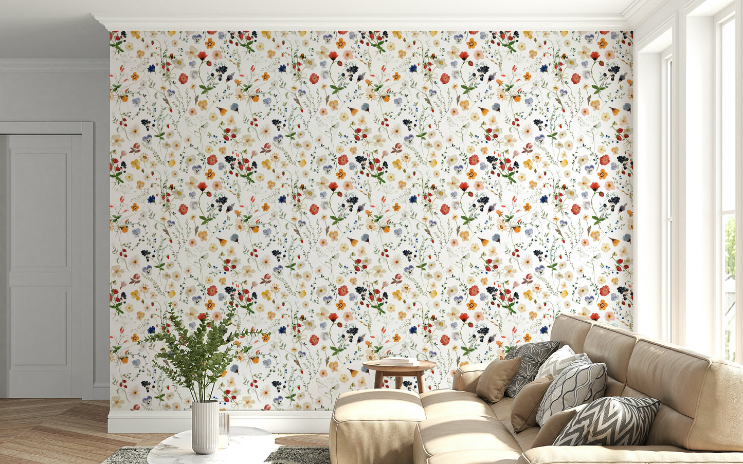 Breathtaking Wildflower scenery lush meadow pattern wallcovering.