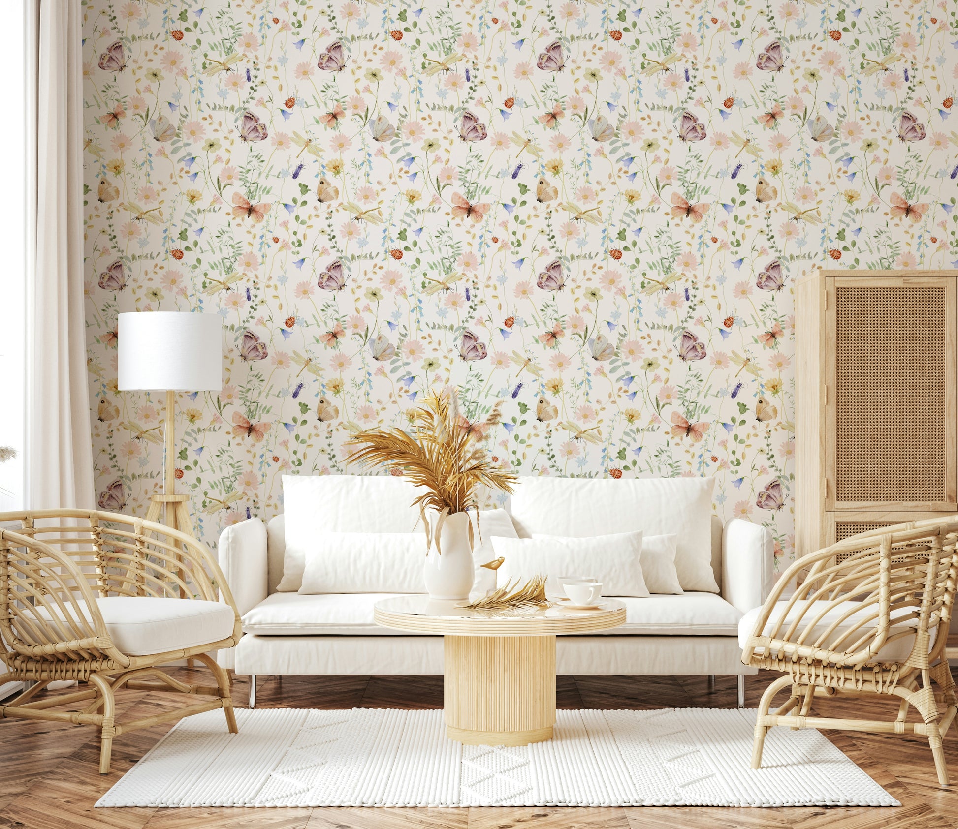 Lovely wall mural of soft wildflowers, fluttering butterflies, and gentle greenery accents.
