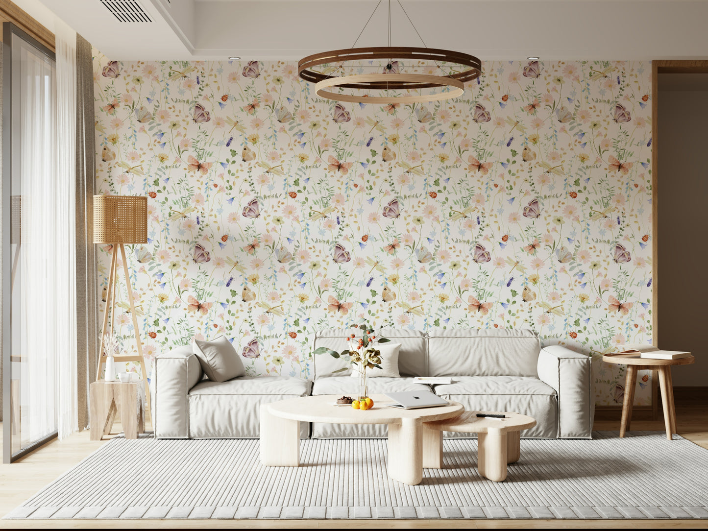 Whimsical wall mural capturing a vibrant meadow scene with delicate, sweet, painted creatures.