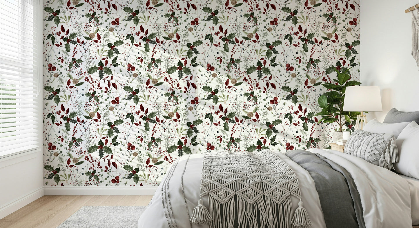 Winter Garden holly berry mural wallpaper design.
